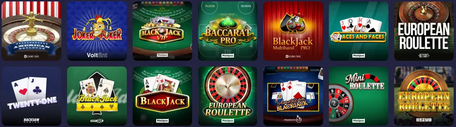 Tafelspellen zoals blackjack en roulette bij Binobet Casino